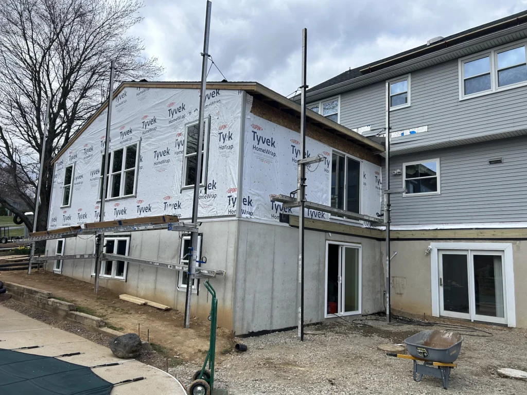 Ongoing construction with scaffolds on the side